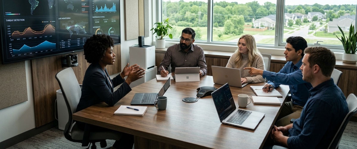 Wide horizontal shot of a small business team collaborating in a bright Lakehurst office with a cybersecurity dashboard