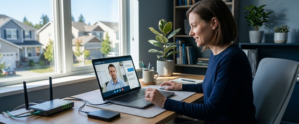 A small business employee working on a sleek, generic laptop in a modern suburban office setting